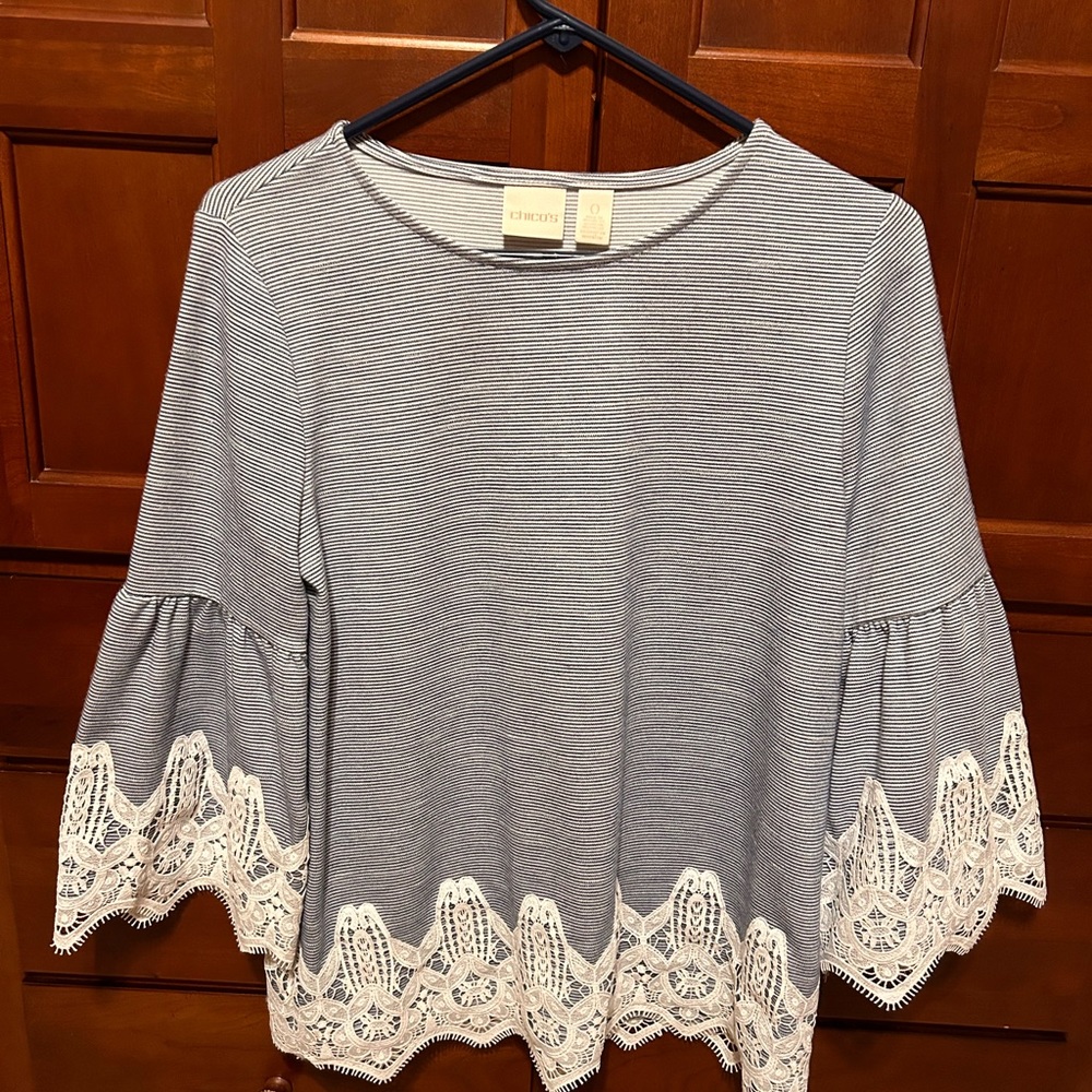 Chico’s blue and white striped lace overlay top, size 0